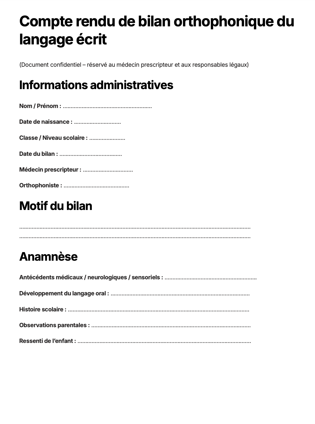 Bilan orthophonique de langage écrit – Trame complète clé-en-main (modèle PDF, checklist, fiche parents, exercices, annexes)