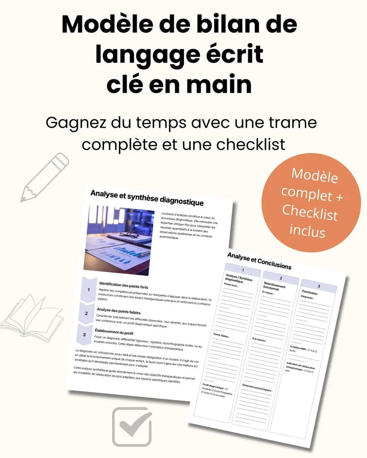 Bilan orthophonique de langage écrit – Trame complète clé-en-main (modèle PDF, checklist, fiche parents, exercices, annexes) La boutique Myodefi